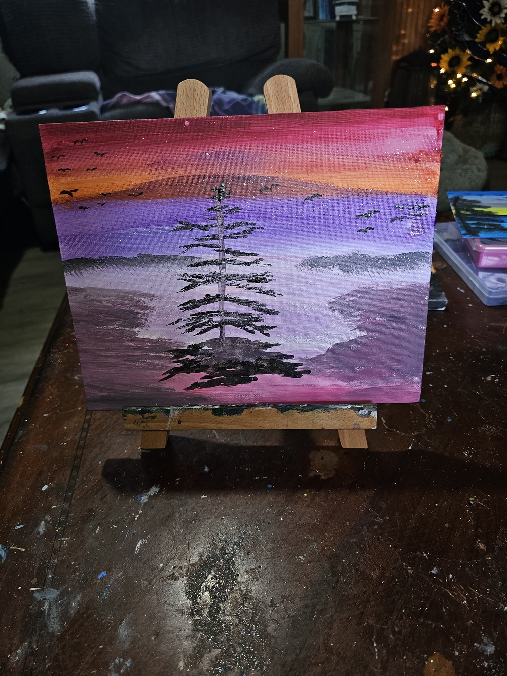Hand-Painted Sunset Pine Canvas Art - Purple & Pink